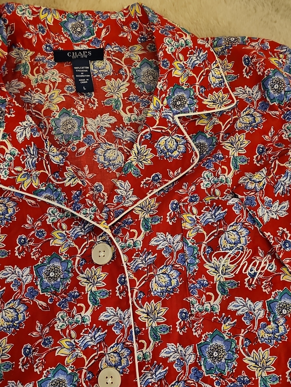 Chaps Red Floral Pajamas Button-Down Shirt with Accents, Capri Bottoms.